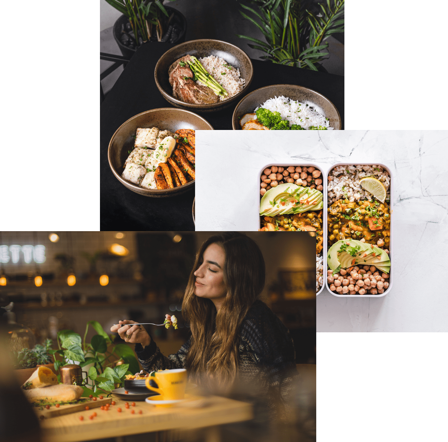 Woman enjoing food, meals in storage container, food bowls on a table